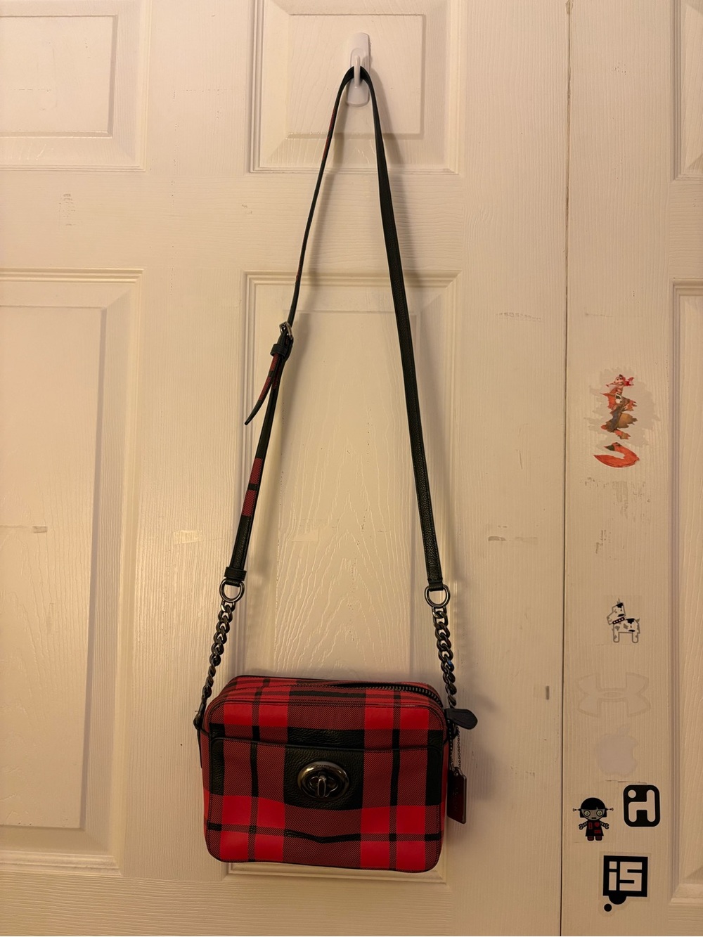 Coach Red Plaid Mini Crossbody Bag with Black Trim